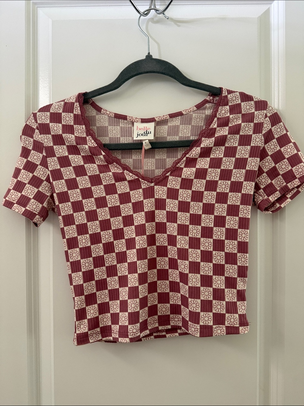 Belle Du Jour Maroon and Cream Checkered Cropped V-Neck Top